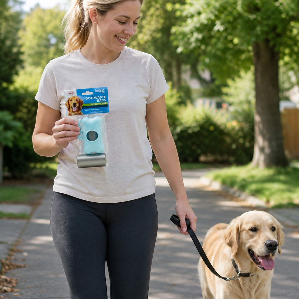 Tap2Own Family Pet Dog Waste Bags with dispenser, light blue bone-shaped dispenser and roll of bags.