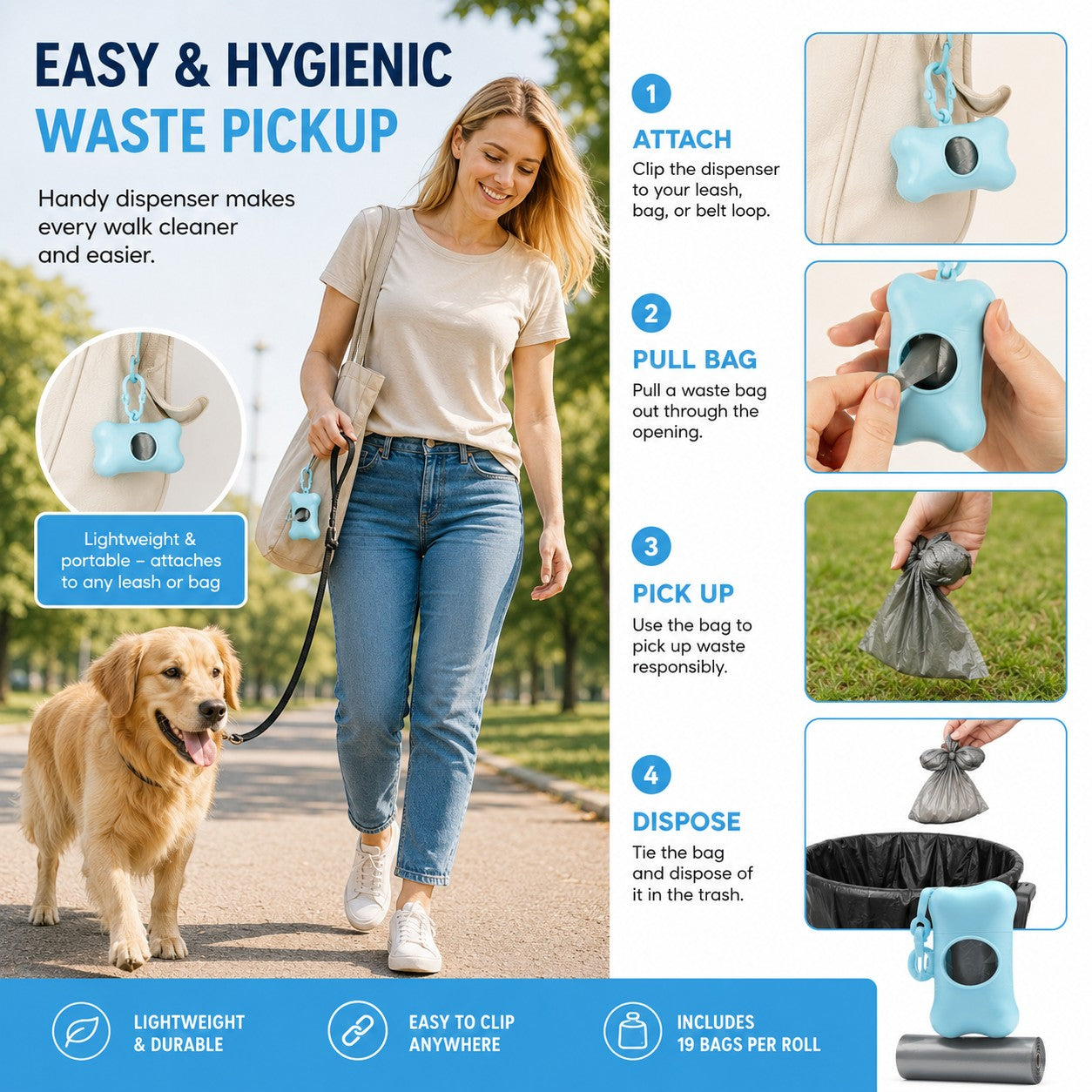 Tap2Own light blue bone-shaped dog waste bag dispenser attached to a leash with a golden retriever walking.