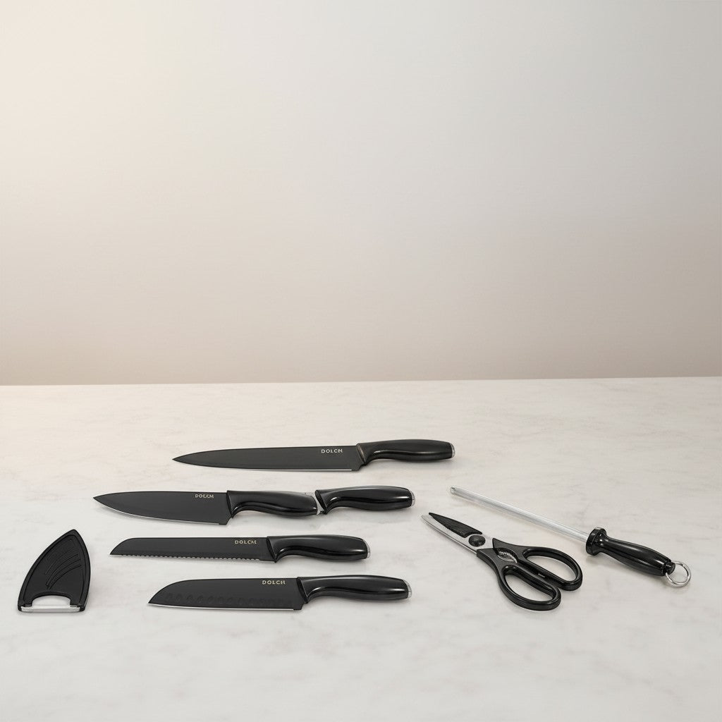 Tap2Own DOLCH 7 piece black coated knife set with chef, bread, santoku, utility, paring knives, sharpener, and sheath.