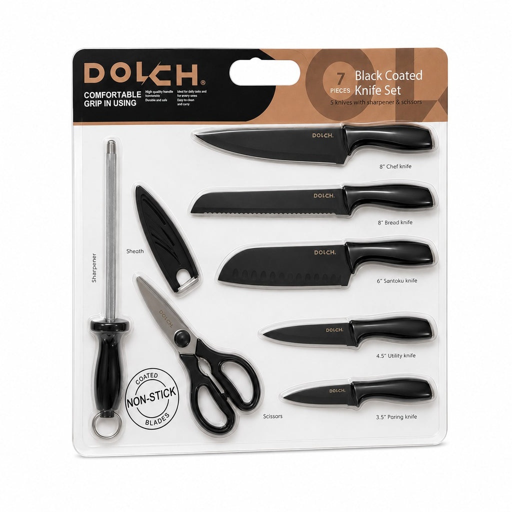 Tap2Own DOLCH 7 Piece Black Coated Knife Set with sharpener, sheath, and scissors. Includes Chef, Bread, Santoku, Utility, and Paring knives.