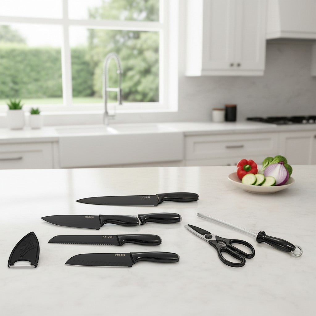 Tap2Own DOLCH 7 piece black coated knife set with sharpener and sheath. Includes chef, bread, santoku, utility, and paring knives.