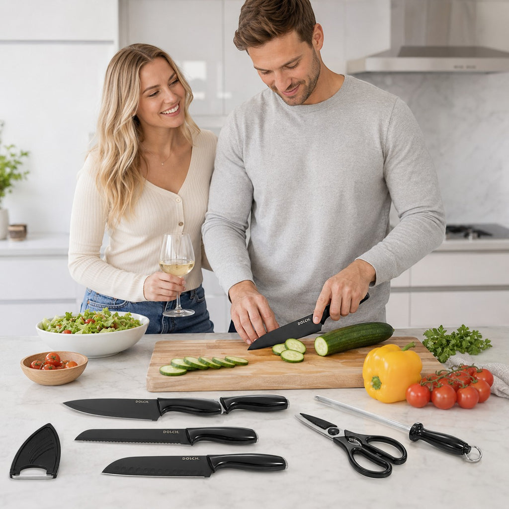 Tap2Own DOLCH 7 Piece Black Coated Knife Set with sharpener and sheath. Includes chef, bread, santoku, utility, and paring knives.