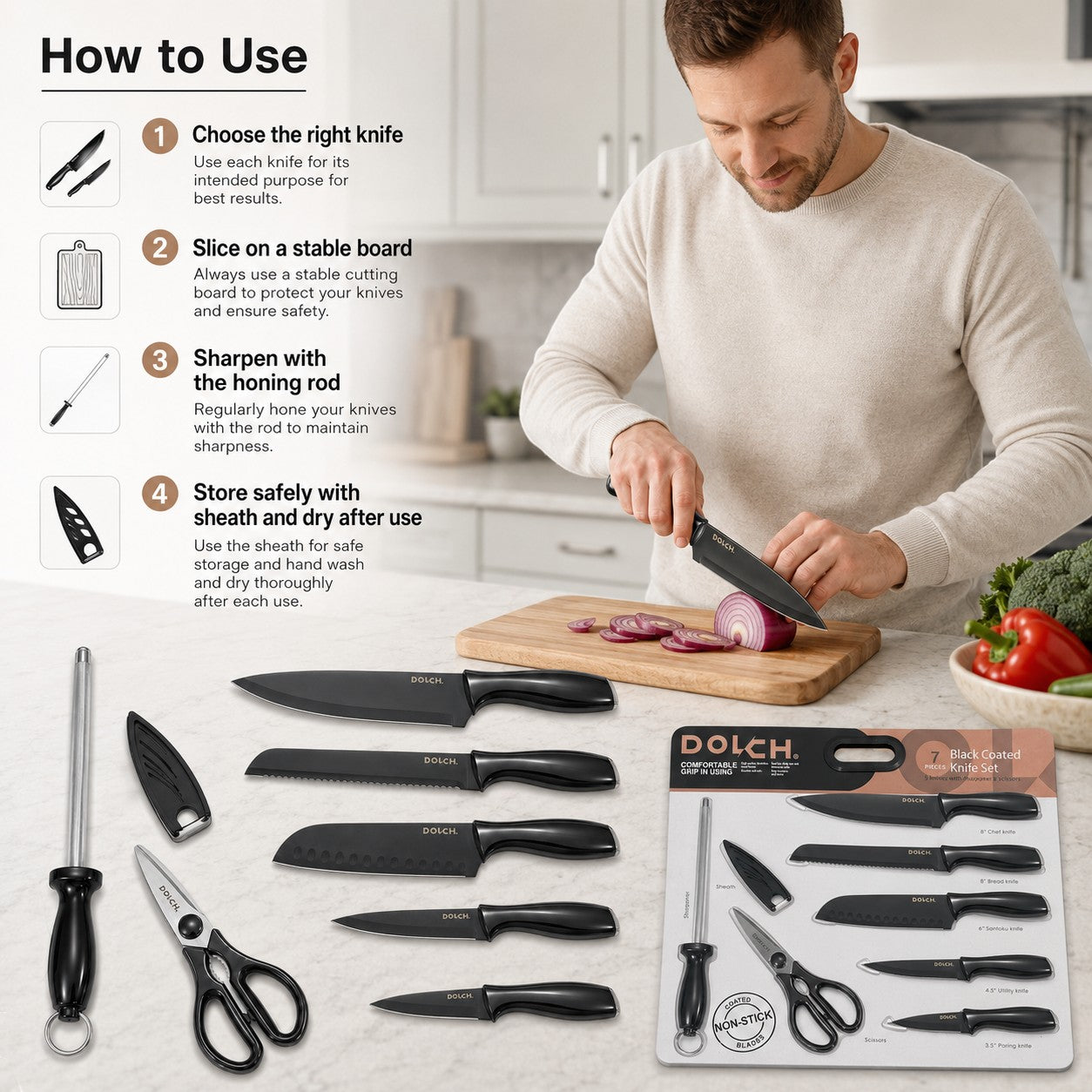 Tap2Own DOLCH 7 Piece Black Coated Knife Set with sharpener, sheath, and scissors. Ergonomic handles.