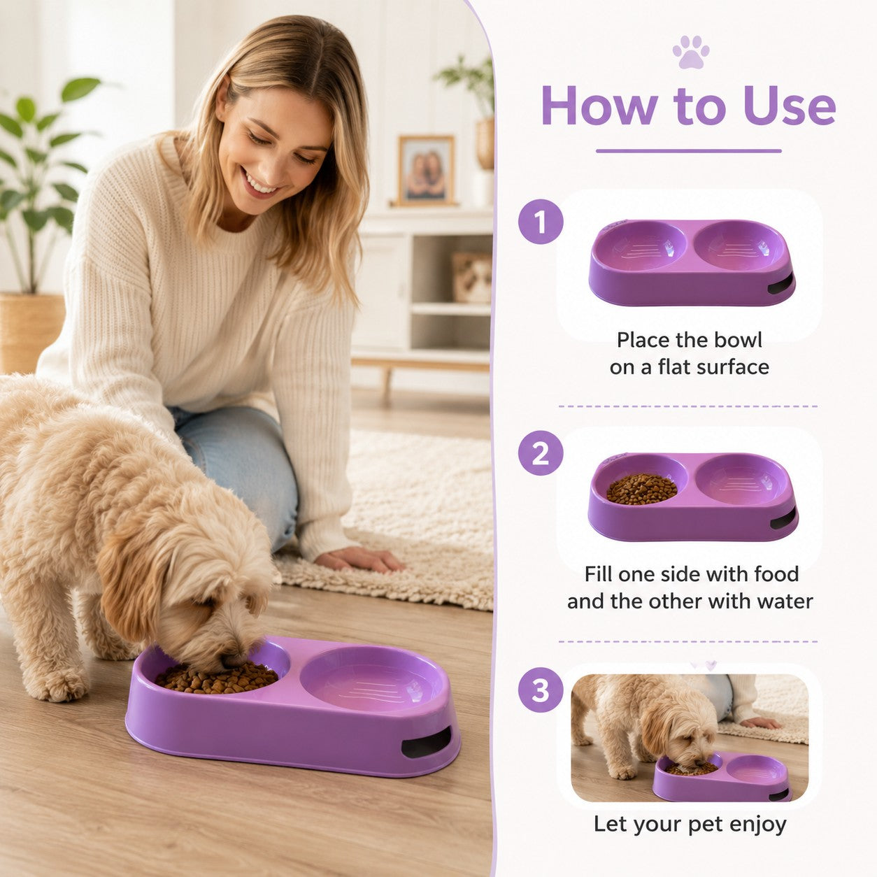 Tap2Own lavender plastic double pet food and water bowl with elevated base for cats and dogs.