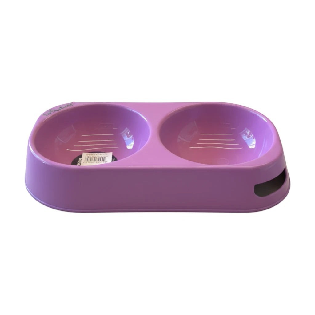 Tap2Own lavender plastic double pet food and water bowl with elevated base and non-slip design.