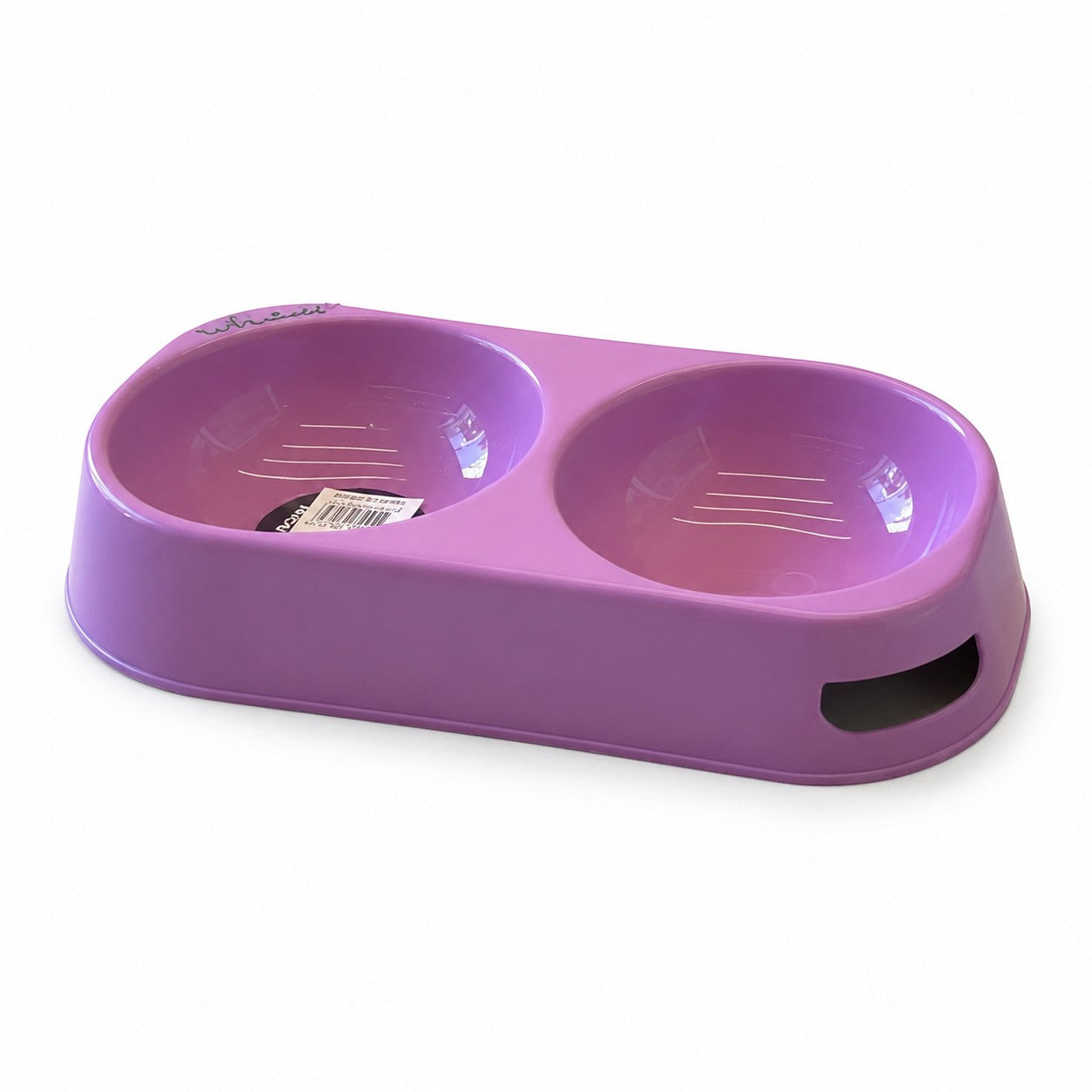 Tap2Own lavender plastic double pet food and water bowl with elevated base and non-slip design.