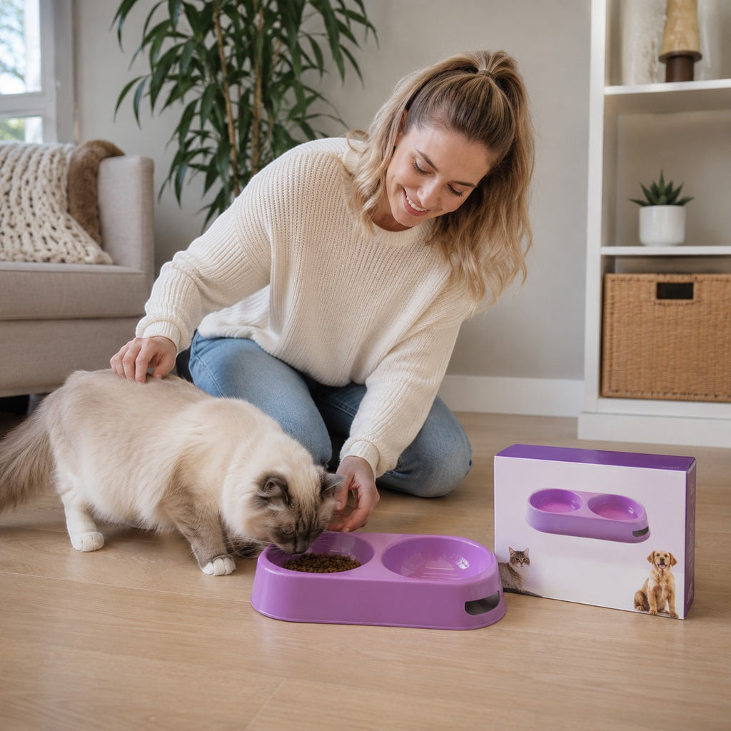 Tap2Own lavender plastic double pet food and water bowl with elevated base and non-slip design. A cat eats from the bowl.