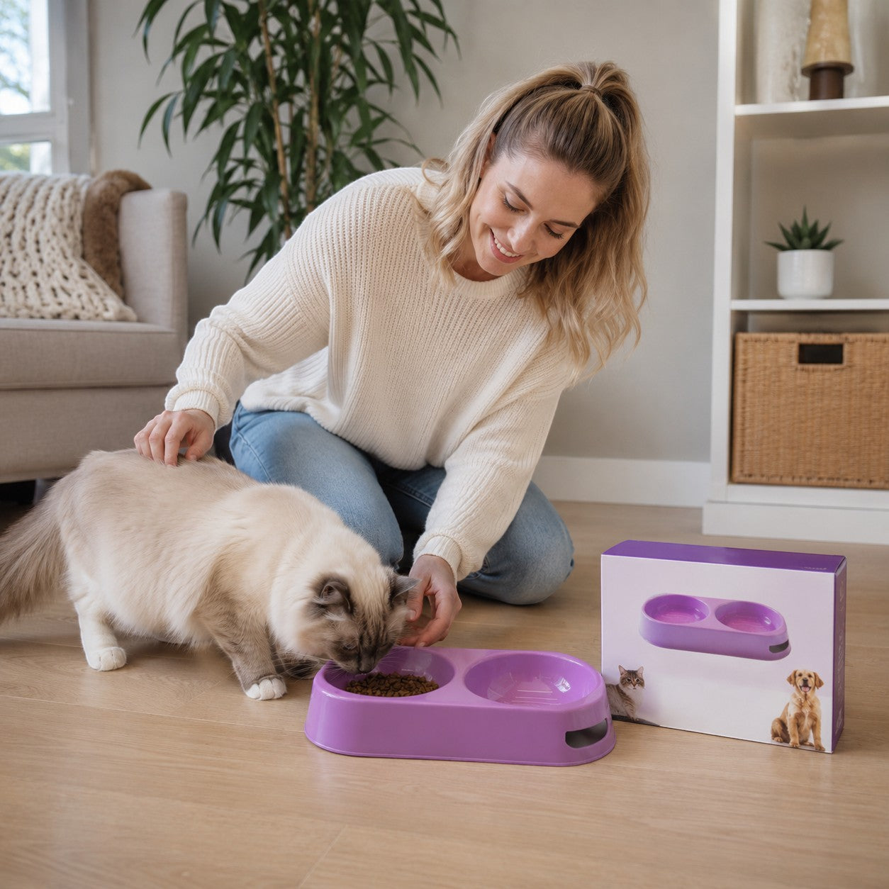 Tap2Own lavender plastic double pet food and water bowl with elevated base and non-slip design. A cat eats from the bowl.