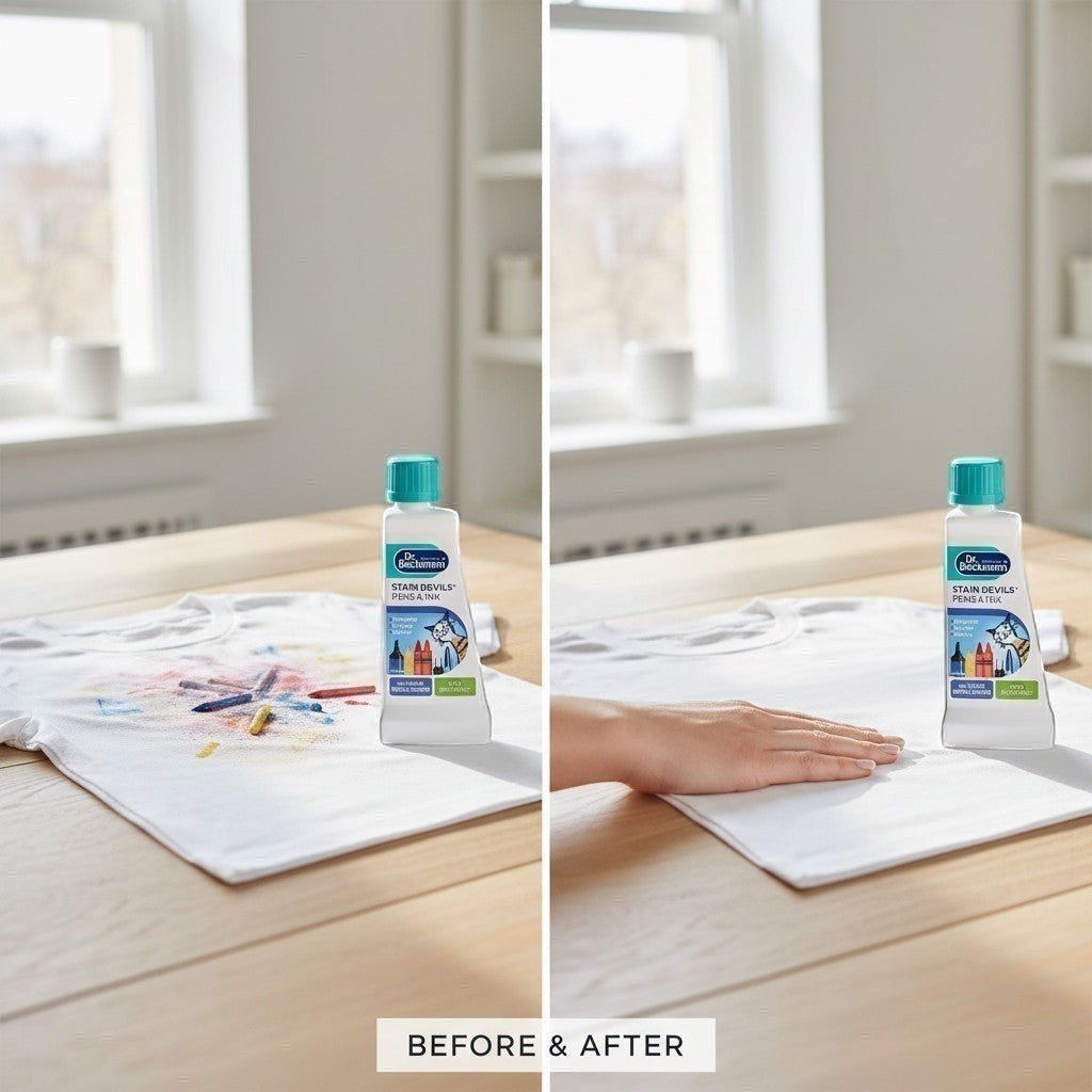 Tap2Own Dr. Beckmann Stain Devils Pens and Ink remover bottle shown before and after cleaning stains on a white shirt.
