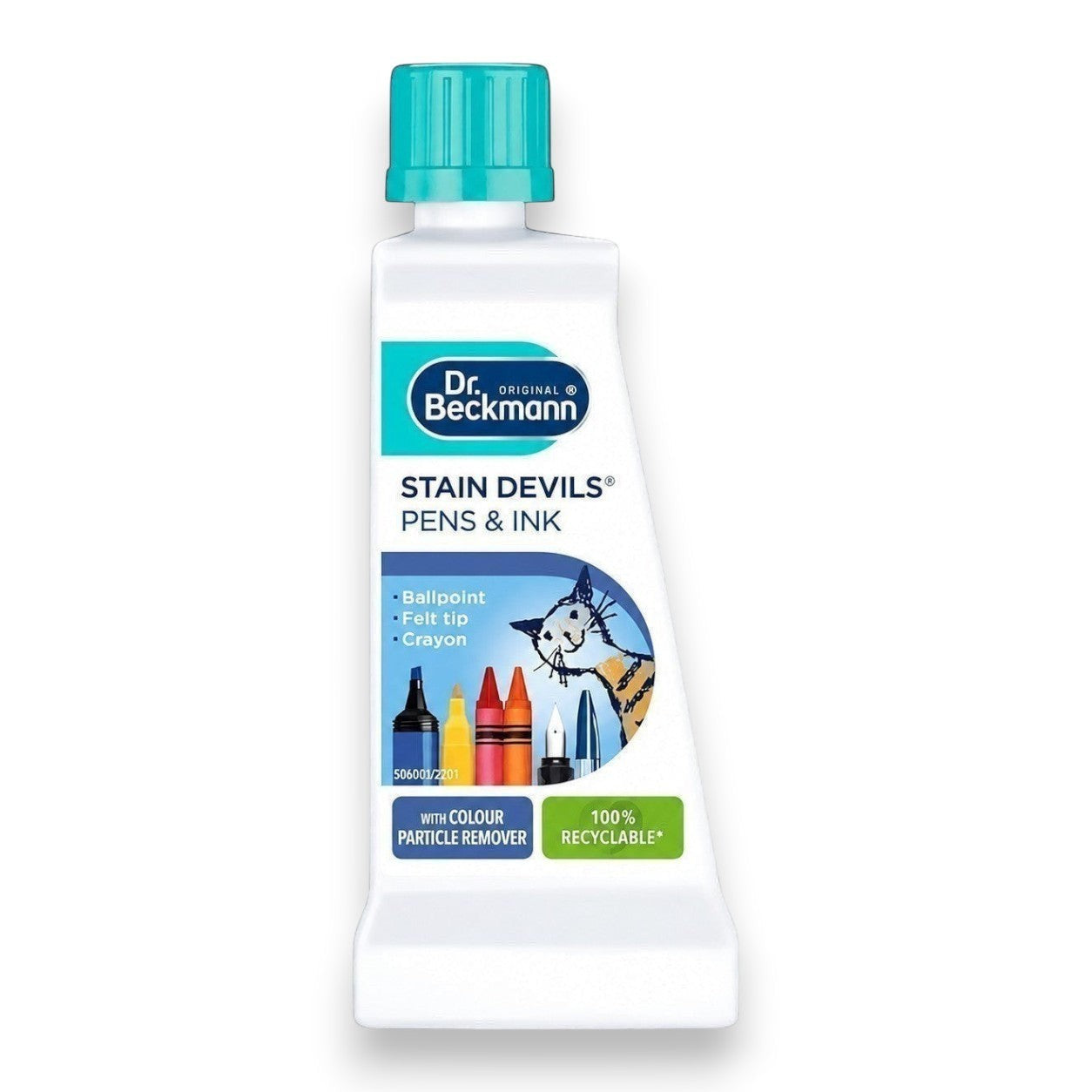 Tap2Own Dr. Beckmann Stain Devils Pens and Ink remover bottle for washable fabrics with a teal cap.