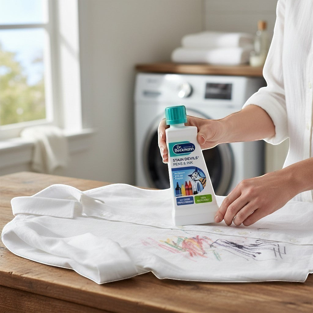 Tap2Own Dr. Beckmann Stain Devils Pens and Ink remover bottle being used to treat ink stains on a white shirt