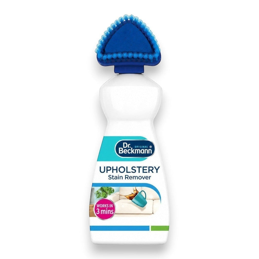 Tap2Own Dr. Beckmann Upholstery Stain Remover bottle with a blue triangular brush applicator for fabric cleaning.