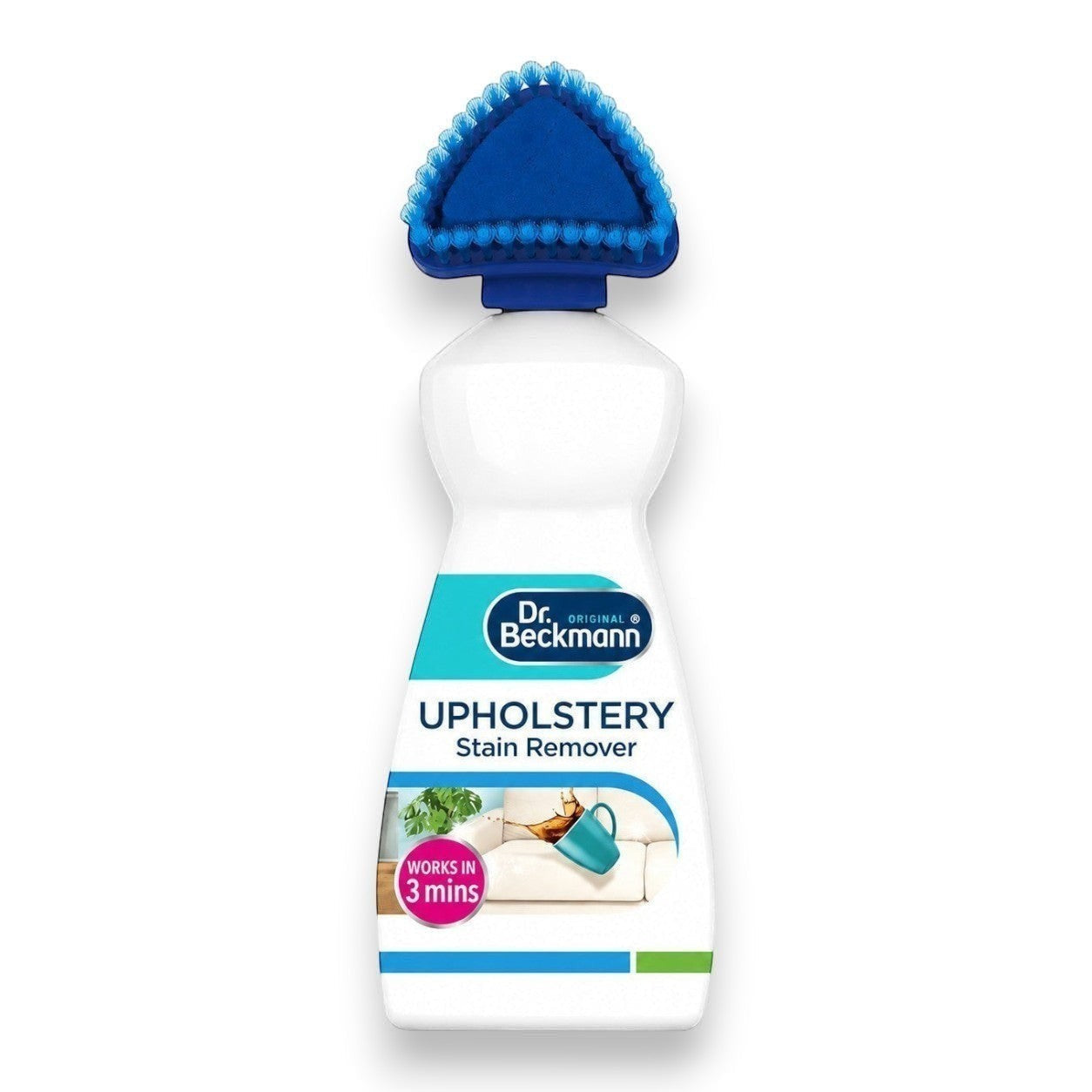Tap2Own Dr. Beckmann Upholstery Stain Remover bottle with a blue triangular brush applicator for fabric cleaning.