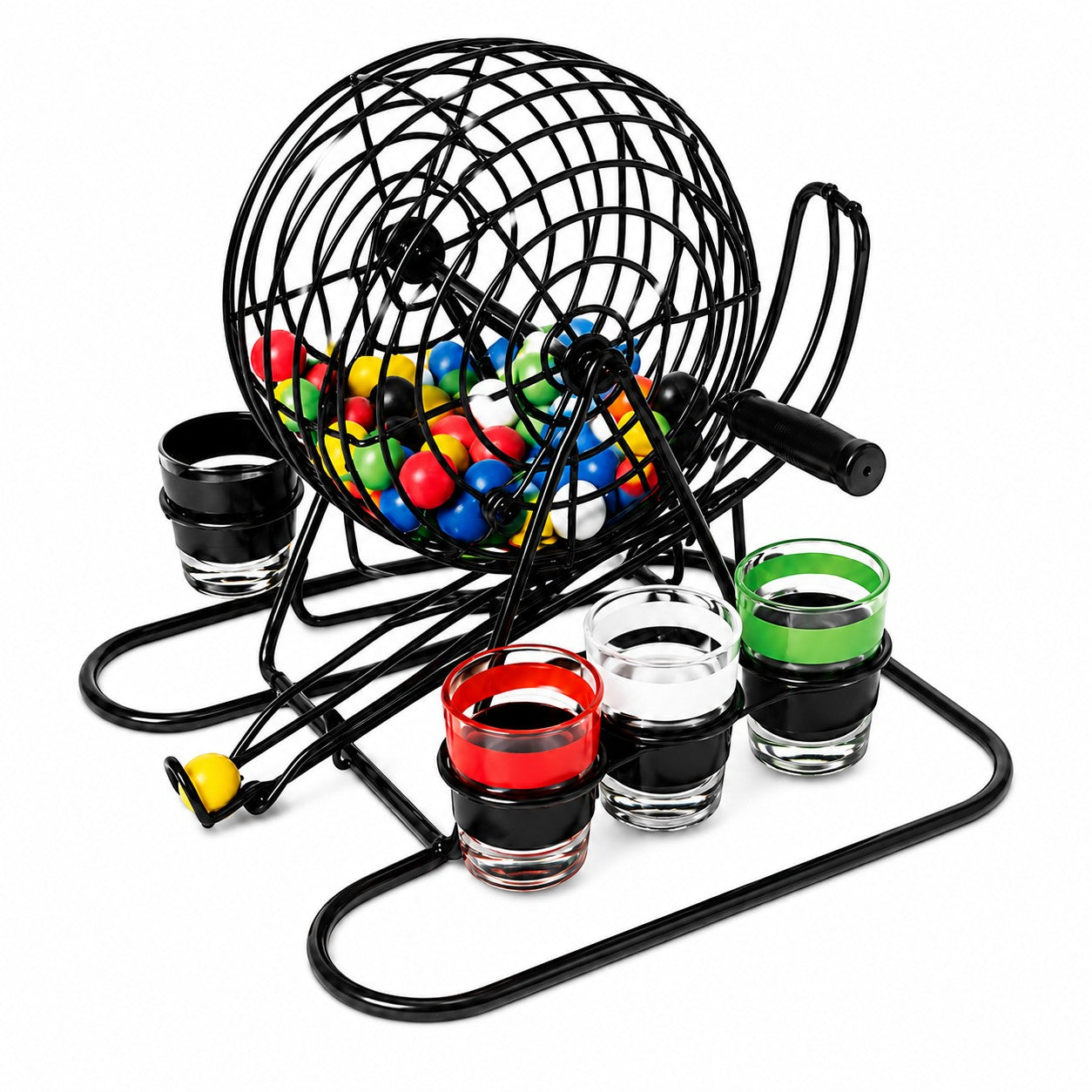 Tap2Own drinking bingo game with black metal cage, colorful balls, and shot glasses with red, white, and green rims.