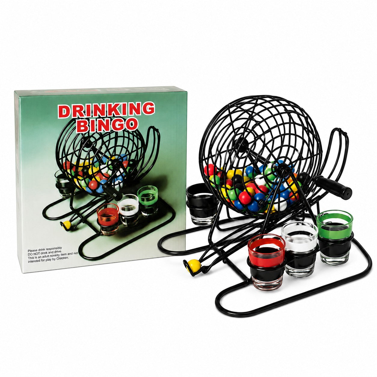 Tap2Own Drinking Bingo Game with black metal cage, colorful balls, and shot glasses. Includes bingo cage, balls, and shot glasses for adult parties.