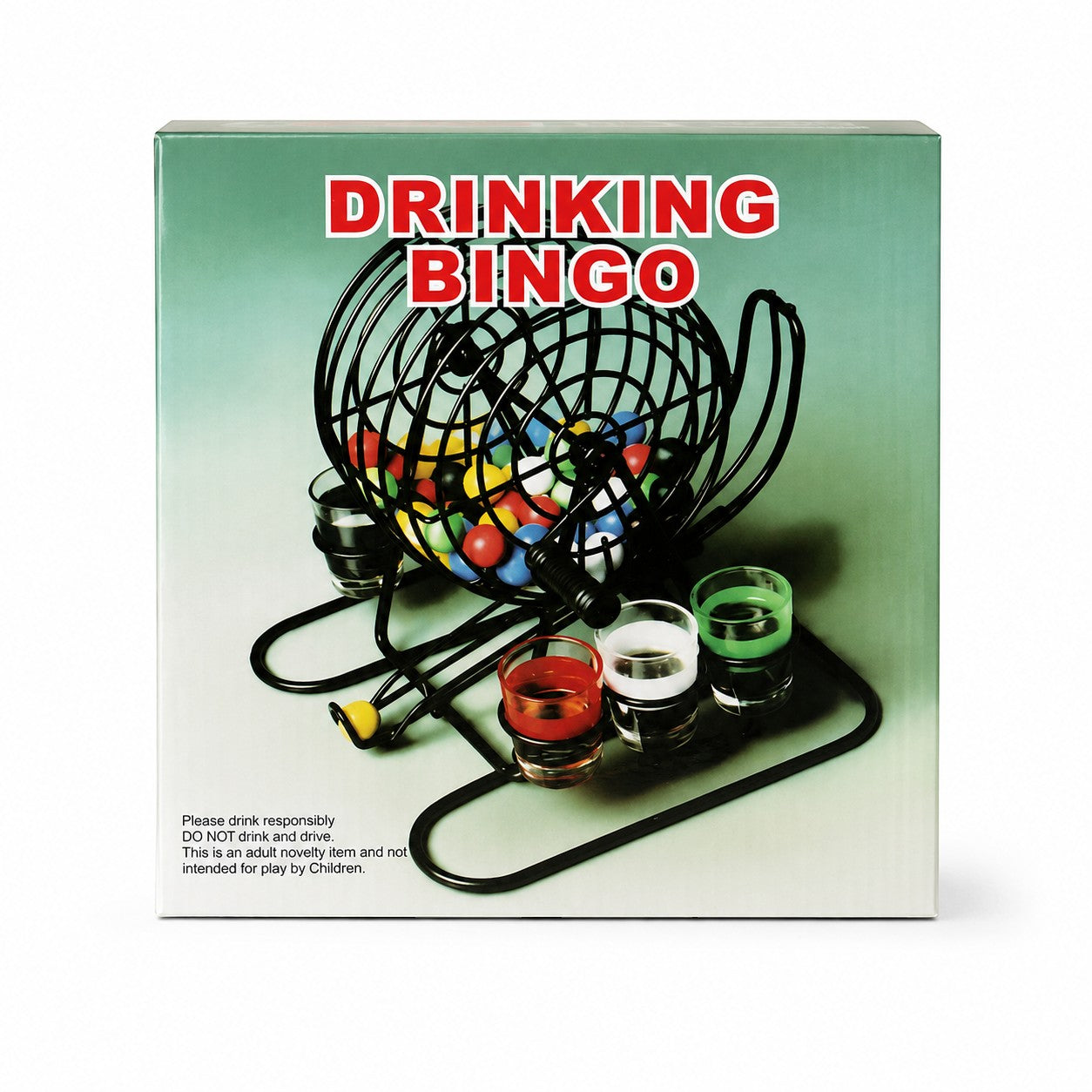 Tap2Own Drinking Bingo Game with black cage, colorful balls, and shot glasses. Fun adult party game.