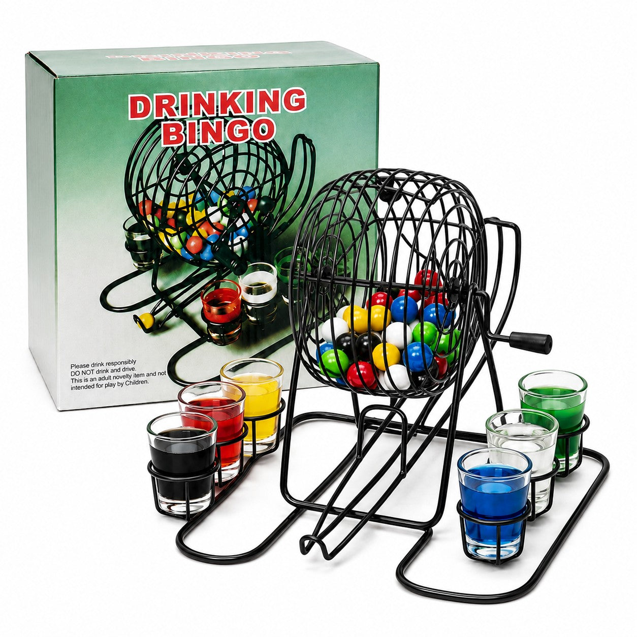 Tap2Own Drinking Bingo Game with colorful balls and shot glasses, perfect for parties and adult fun.