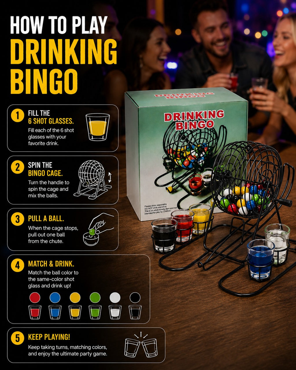 Tap2Own Drinking Bingo Game with 6 shot glasses, bingo cage, and colorful balls. Fun party game for adults.