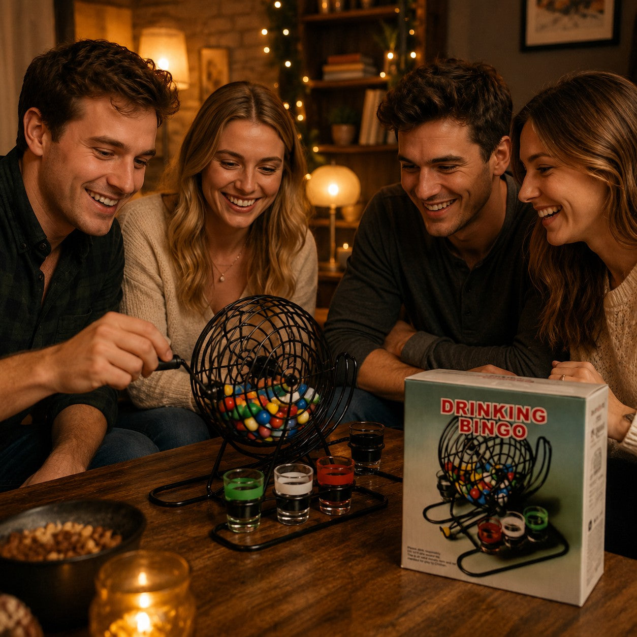 Tap2Own Drinking Bingo Game with shot glasses, bingo cage, and colorful balls. Four friends are playing the game at a table.