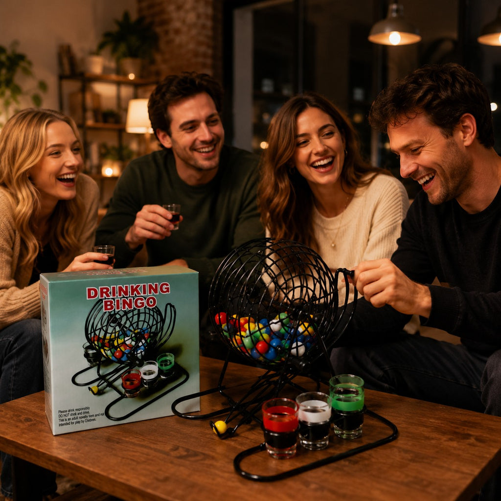 Tap2Own Drinking Bingo Game with shot glasses, bingo cage, and colorful balls. Four friends laughing and playing the game.