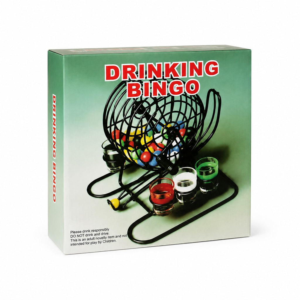 Tap2Own Drinking Bingo Game box with bingo cage, colorful balls, and shot glasses. Perfect for parties and adult fun.