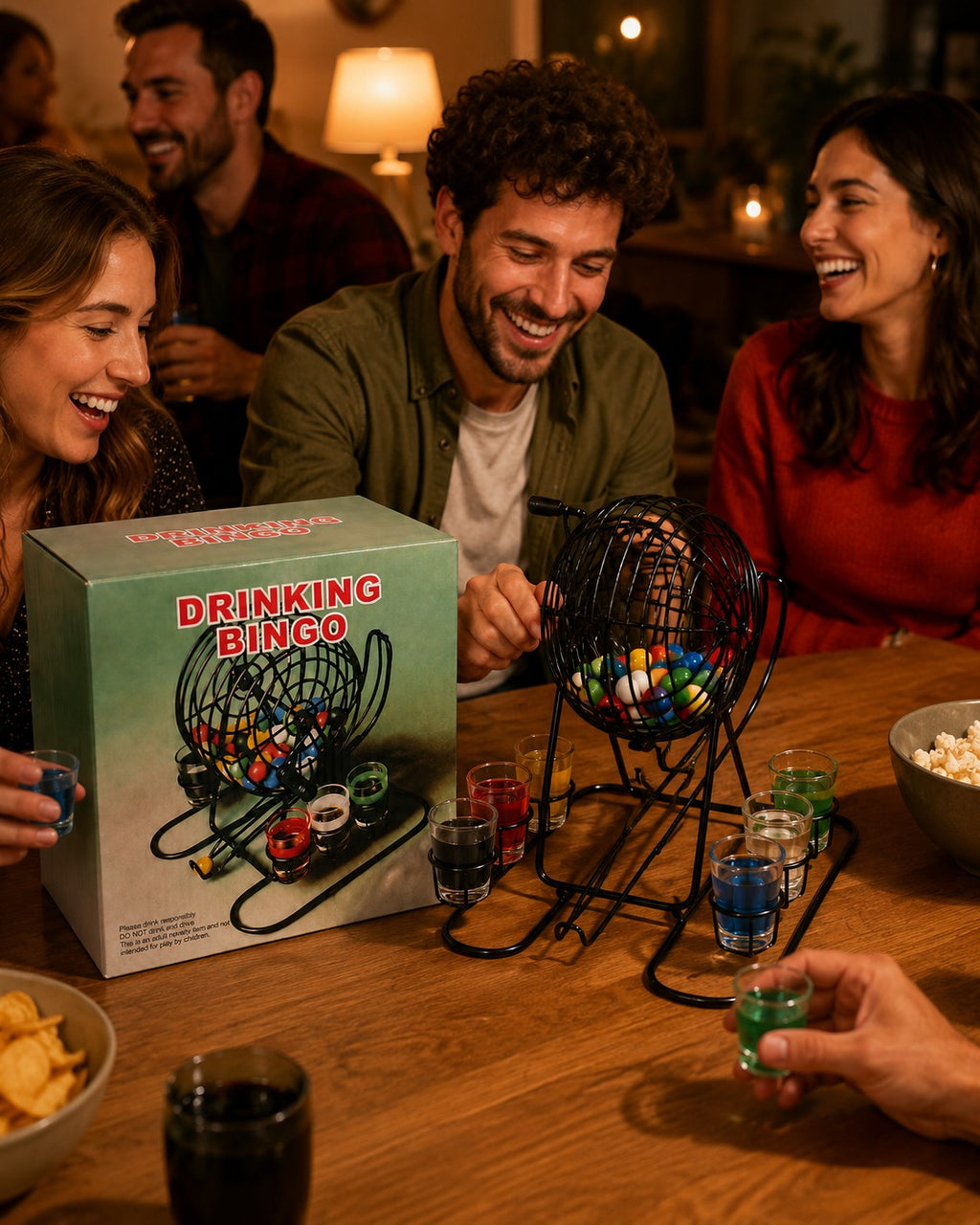 Tap2Own Drinking Bingo Game with shot glasses, bingo cage, and colorful balls. Friends laughing and playing at a table.