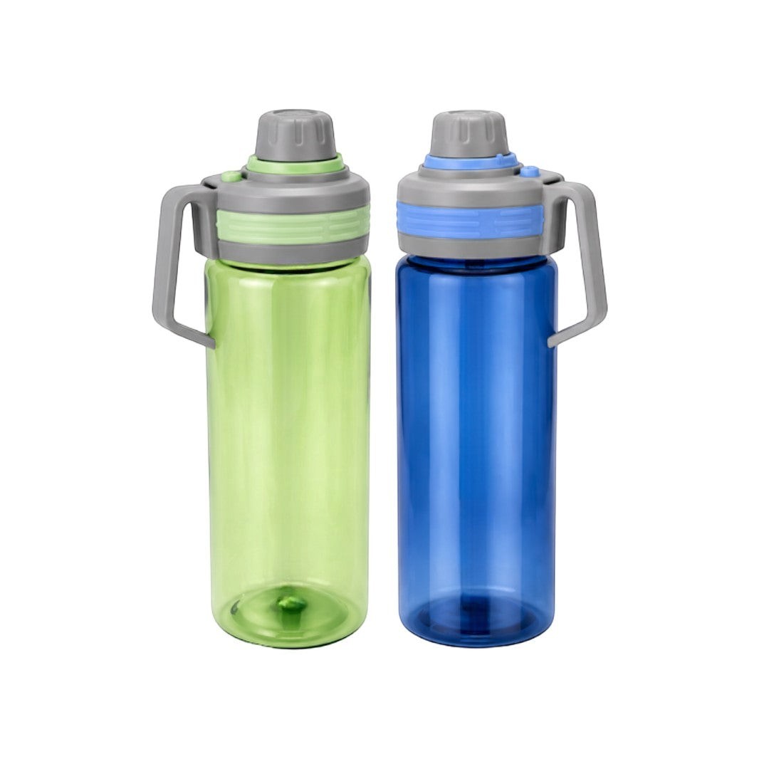 Tap2Own green and blue BPA-free plastic water bottles with leak-proof lids and carrying handles.