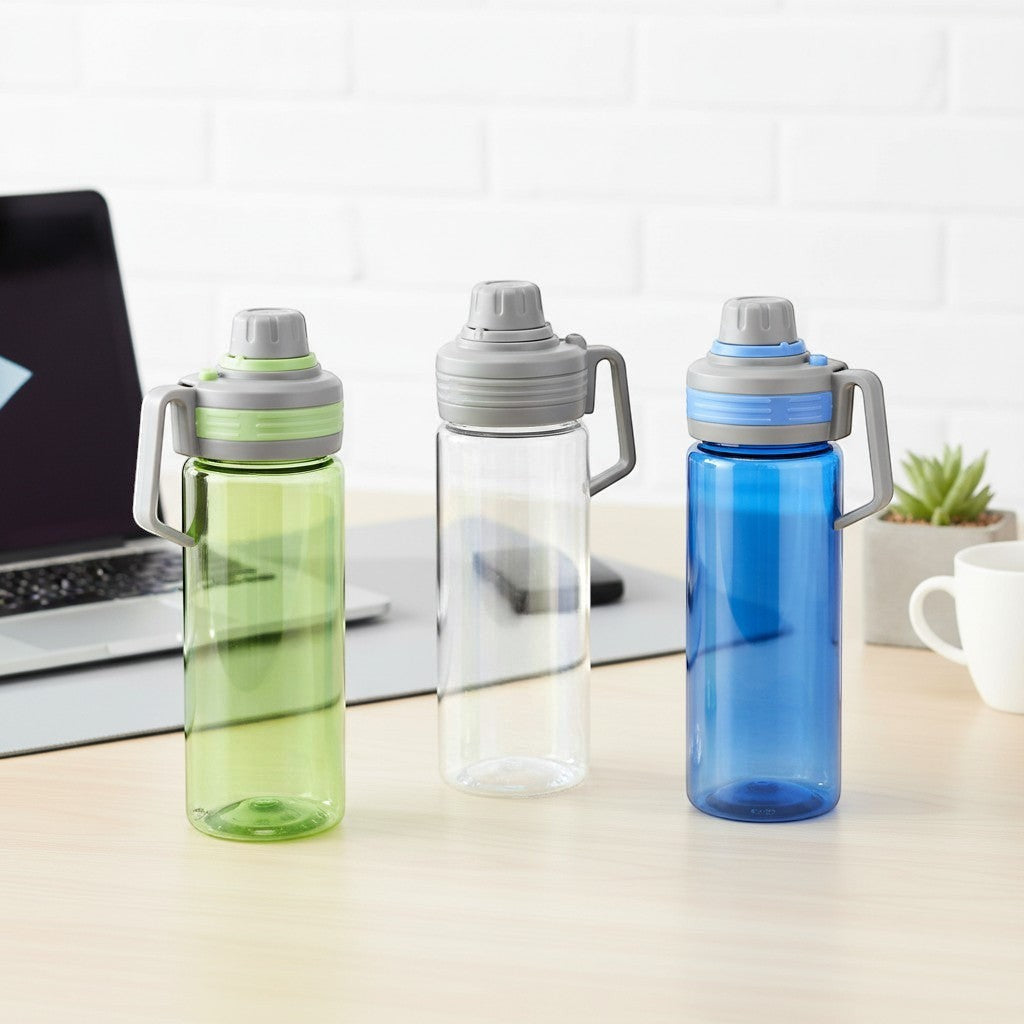 Tap2Own green, clear, and blue BPA-free plastic water bottles with leak-proof lids and carrying handles.