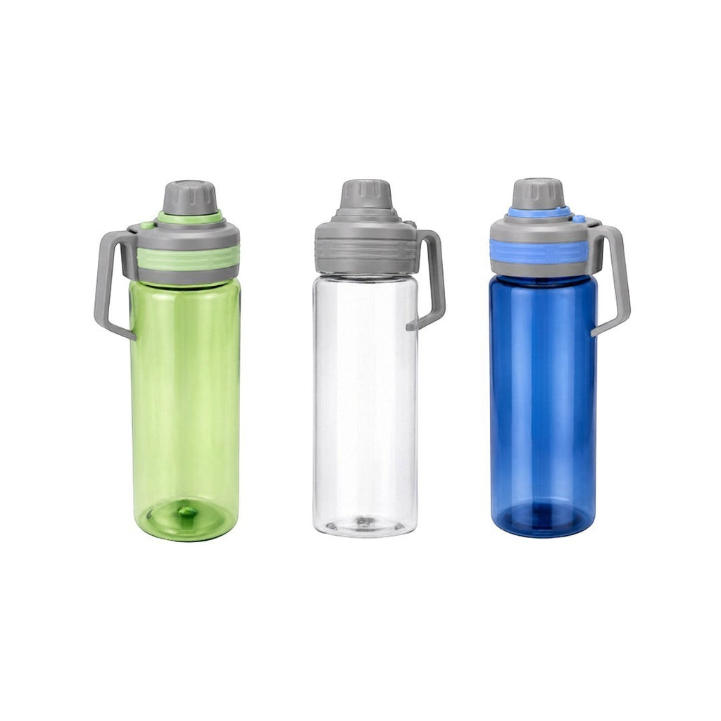 Tap2Own green, clear, and blue BPA-free plastic water bottles with leak-proof lids and carrying handles.