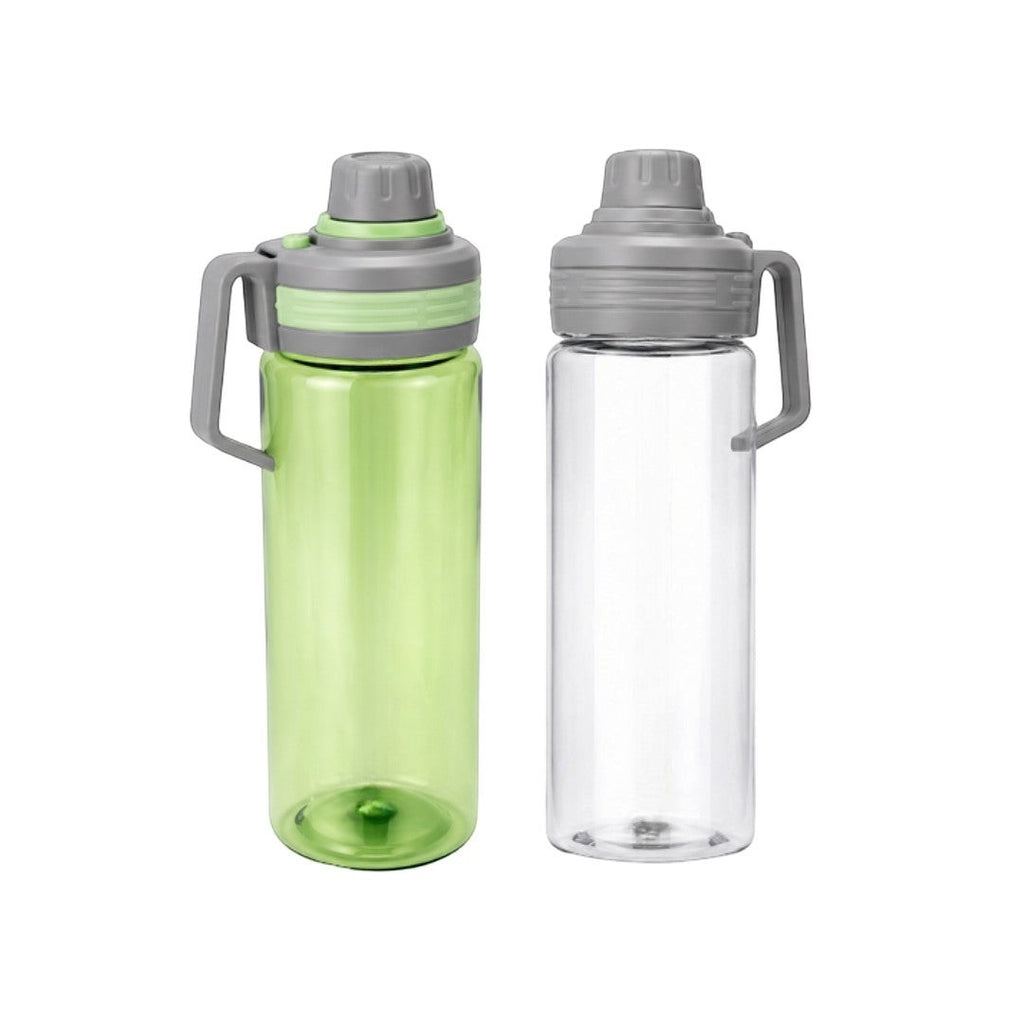 Tap2Own green and clear BPA-free plastic water bottles with grey leak-proof lids and carrying handles.