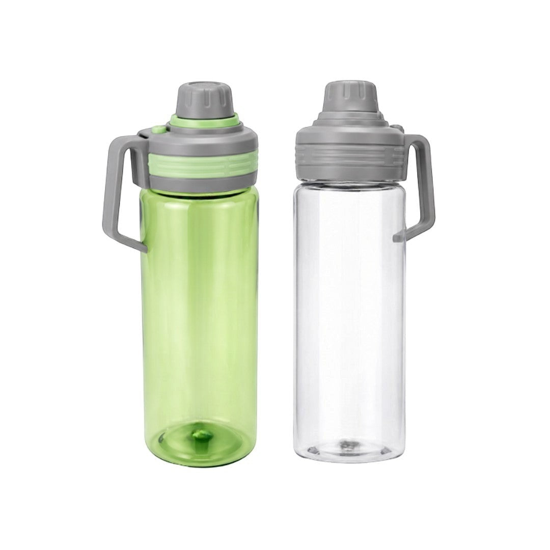 Tap2Own green and clear BPA-free plastic water bottles with grey leak-proof lids and carrying handles.