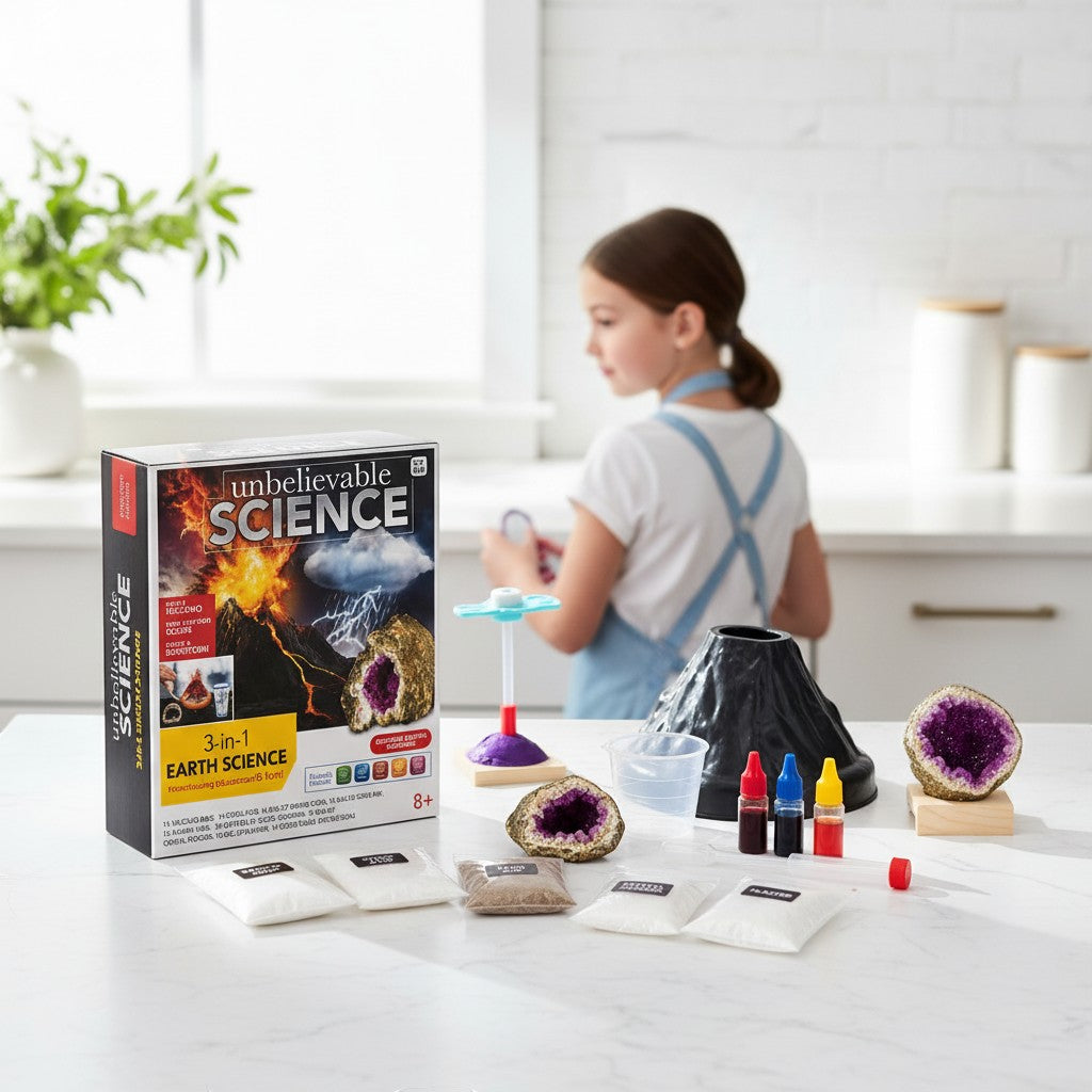 Tap2Own 3-in-1 Earth Science Kit with volcano, geode, and rainstorm experiments. Includes volcano model, crystals, and colorful liquids.