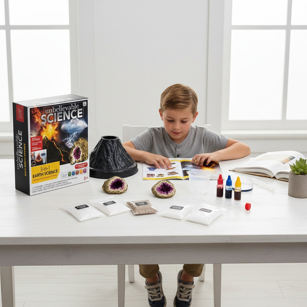 Tap2Own 3-in-1 Earth Science Kit with volcano, geodes, and experiment supplies. A young boy reads instructions at a table.