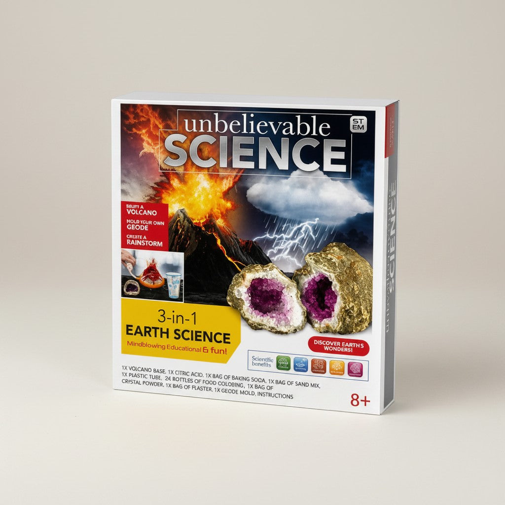 Tap2Own 3-in-1 Earth Science Kit with volcano eruption, geode creation, and rainstorm simulation experiments for kids aged 8+
