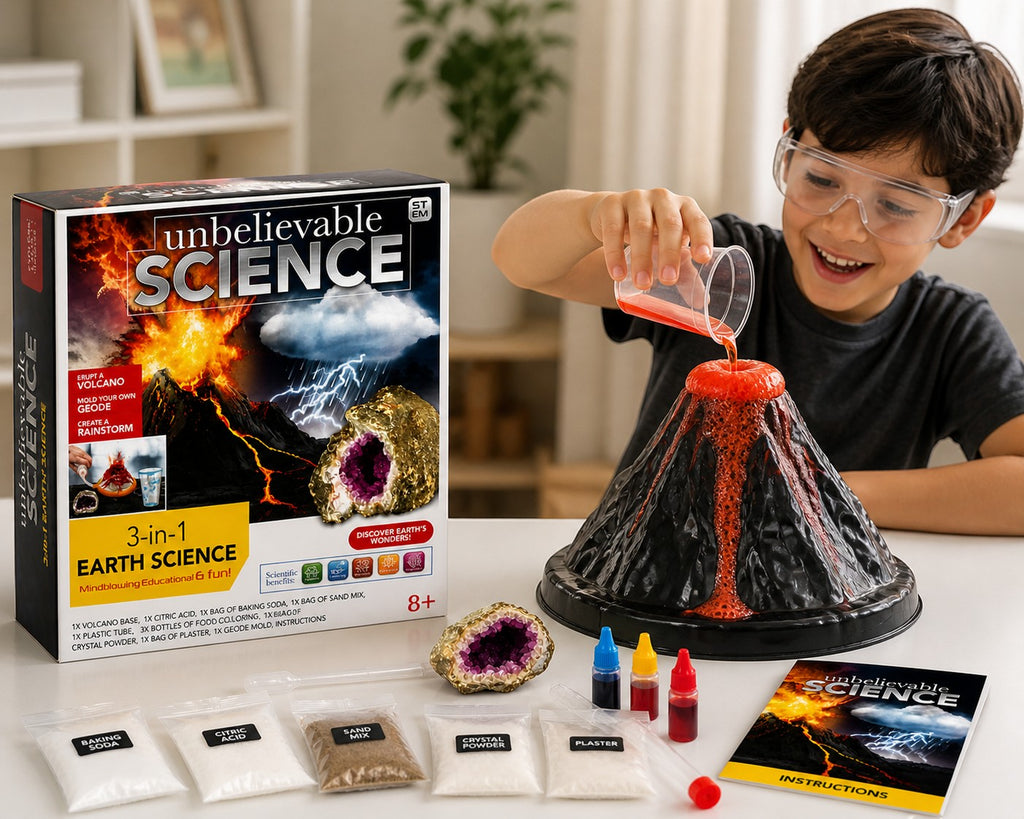 Tap2Own 3-in-1 Earth Science Kit with volcano, geode, and rainstorm experiments. A boy pours liquid into a volcano model.