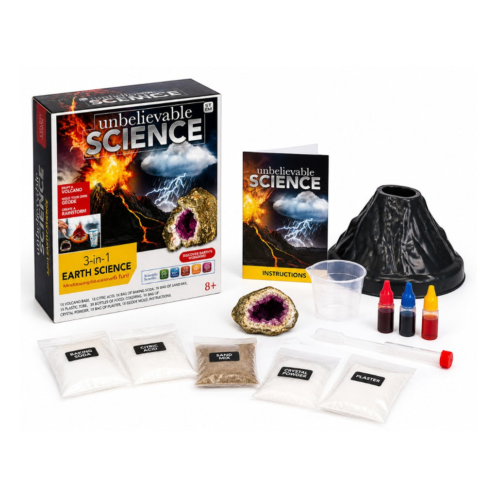 Tap2Own 3-in-1 Earth Science Kit with volcano, geode, and rainstorm experiments. Includes instructions and all necessary materials.