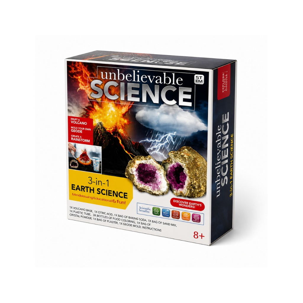 Tap2Own 3-in-1 Earth Science Kit with volcano eruption, geode creation, and rainstorm simulation experiments for ages 8+