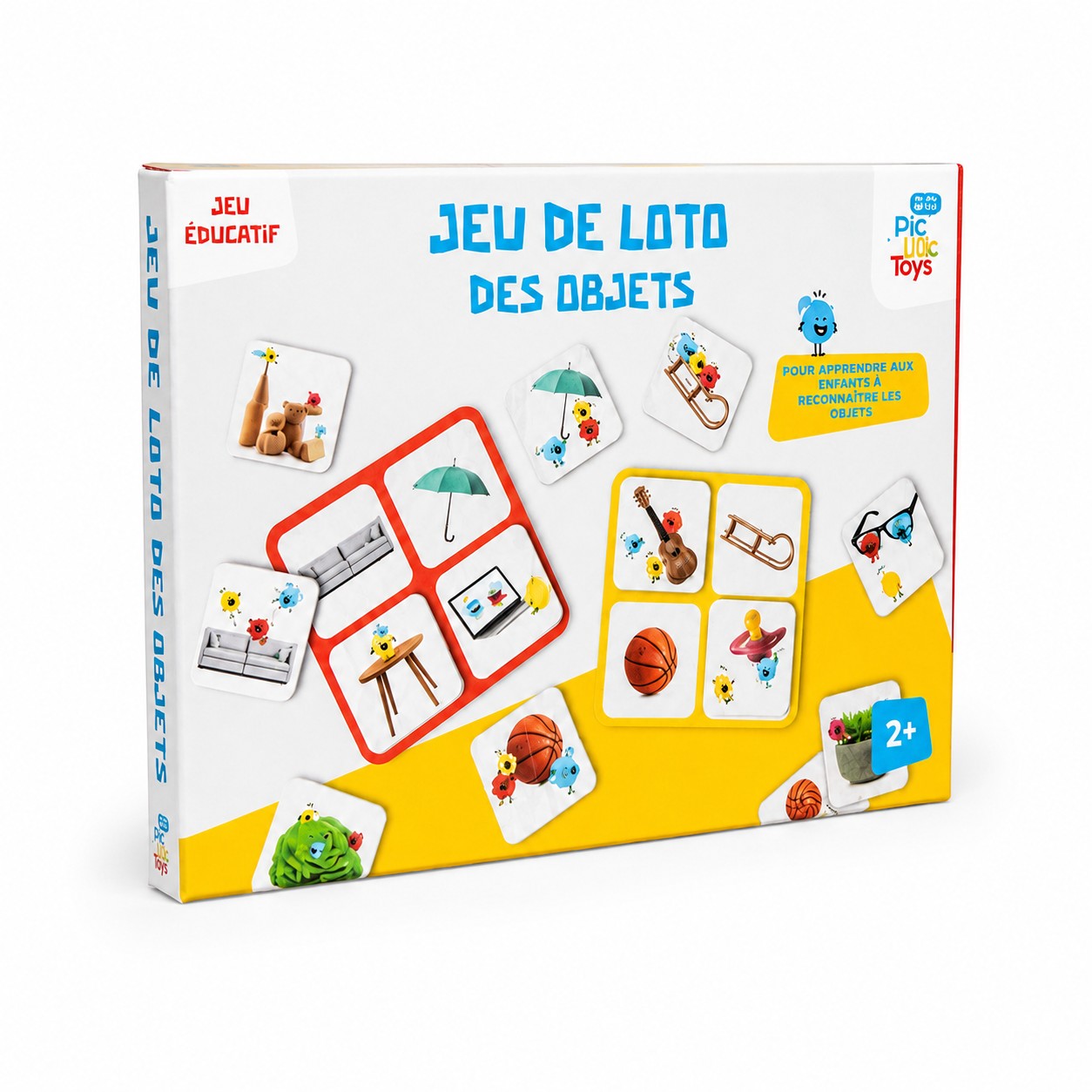 Tap2Own Educational Object Matching Game box with colorful cards featuring objects like a sofa, umbrella, guitar, basketball, and teddy bears.