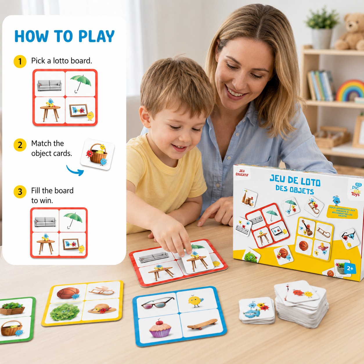 Tap2Own Educational Object Matching Game for toddlers and preschoolers, featuring colorful cards with everyday objects for learning and fun.