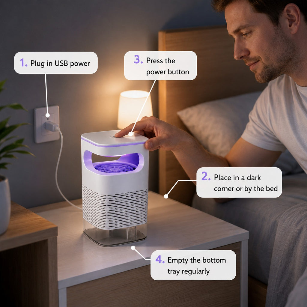 Tap2Own EI BIONIC Mosquito Killer, white, USB-powered, with purple UV light, on a nightstand.