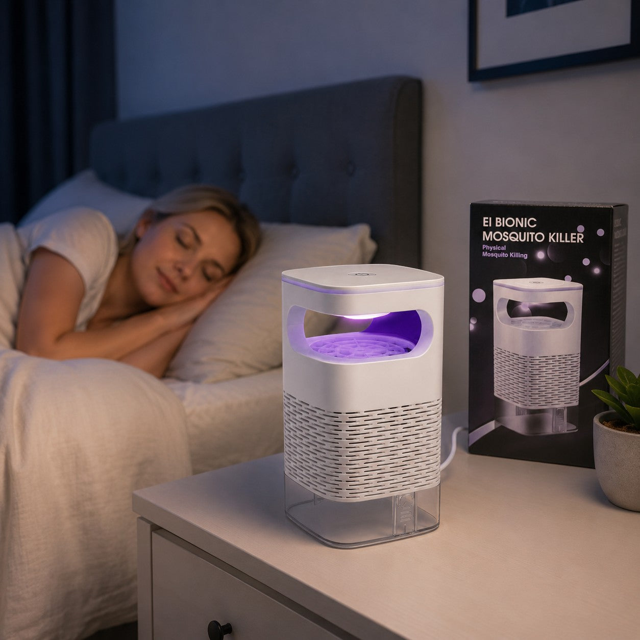 Tap2Own EI BIONIC Mosquito Killer, a white physical mosquito killing device with UV light, shown on a nightstand next to a sleeping woman.