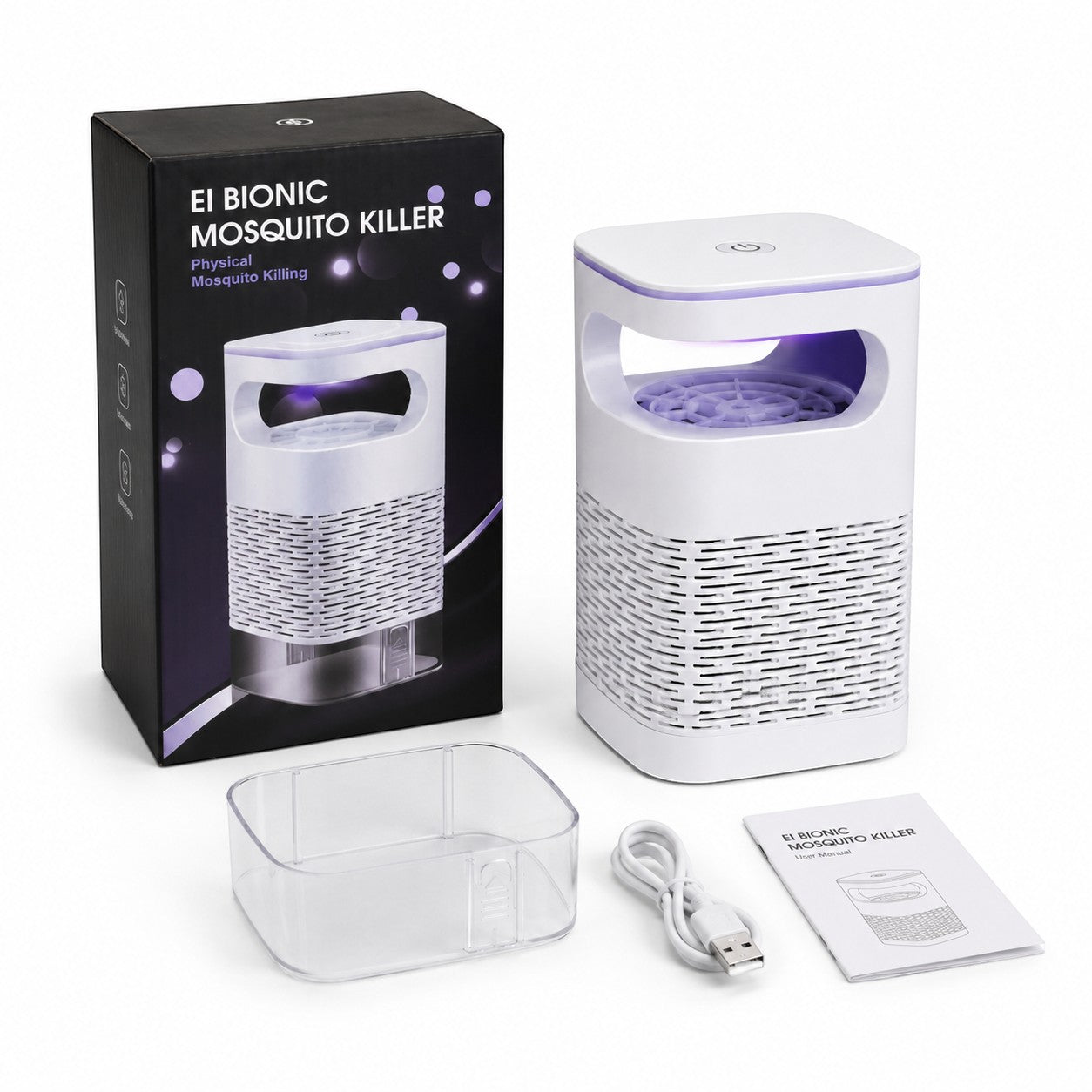 Tap2Own EI BIONIC Mosquito Killer, white physical mosquito killing device with UV light and USB cable.