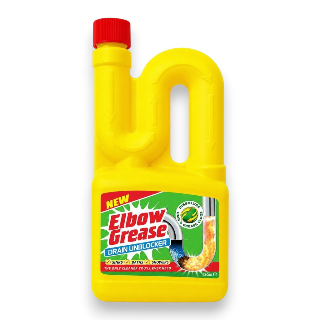 Tap2Own Elbow Grease drain unblocker liquid in a yellow 750ml bottle with a red cap for sinks, baths, and showers.
