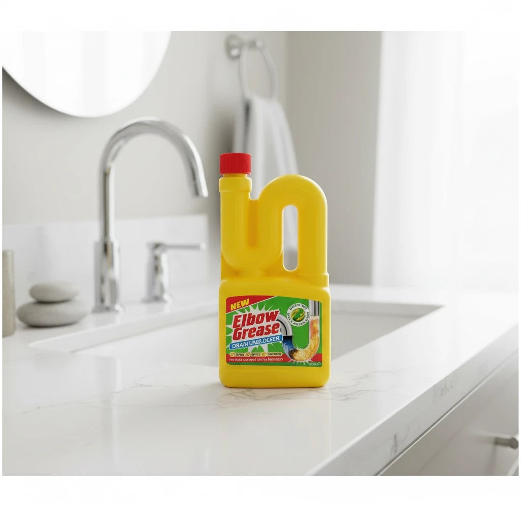 Tap2Own Elbow Grease drain unblocker liquid in a yellow bottle sitting on a white bathroom sink counter.