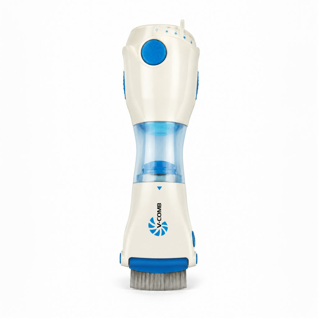 Tap2Own electric pet comb for lice and eggs, white and blue, with fine teeth and suction.