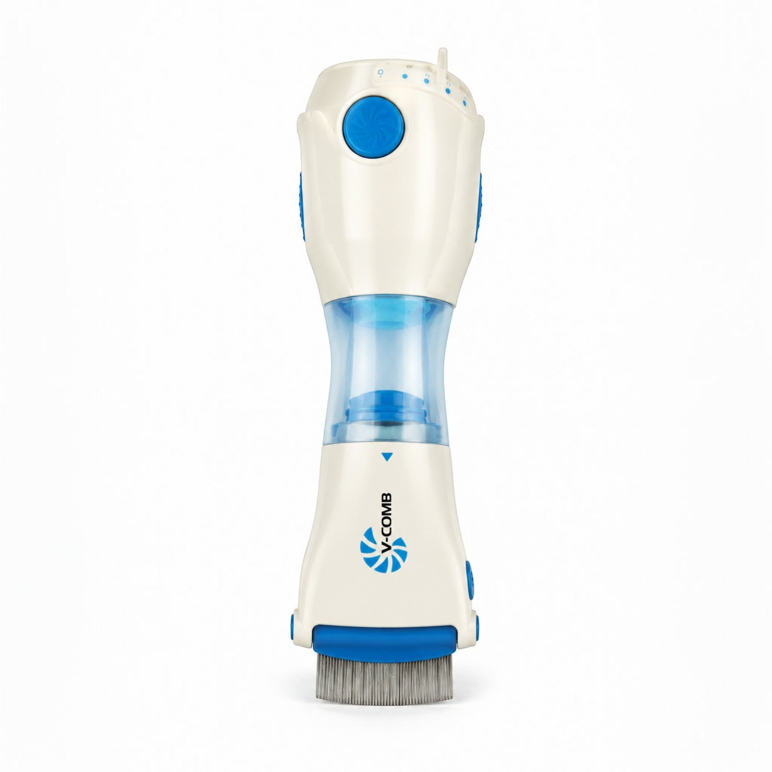 Tap2Own electric pet comb for lice and eggs, white and blue, with fine teeth and suction.