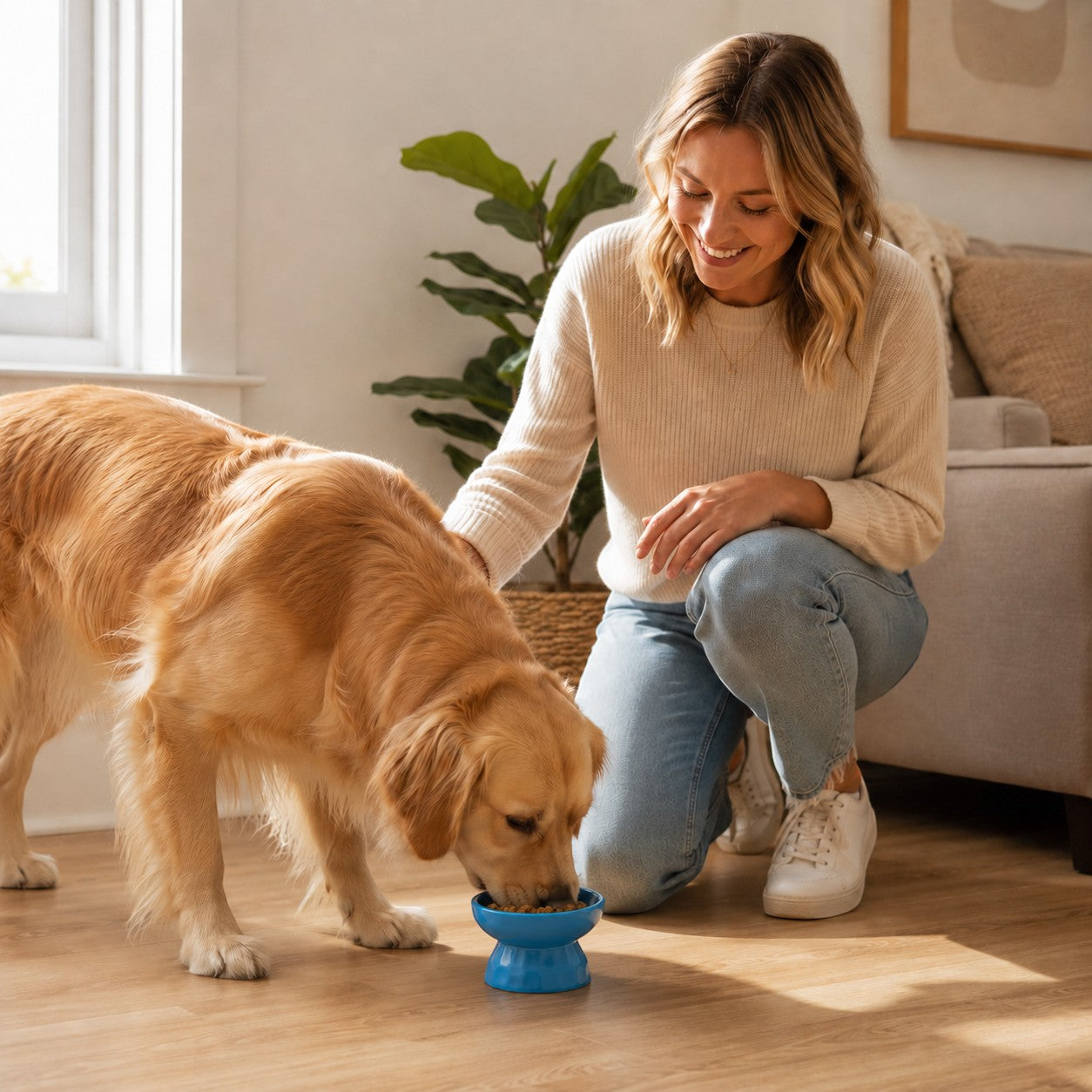Tap2Own blue ceramic elevated pet food bowl with a golden retriever eating from it, a woman kneels beside the dog.