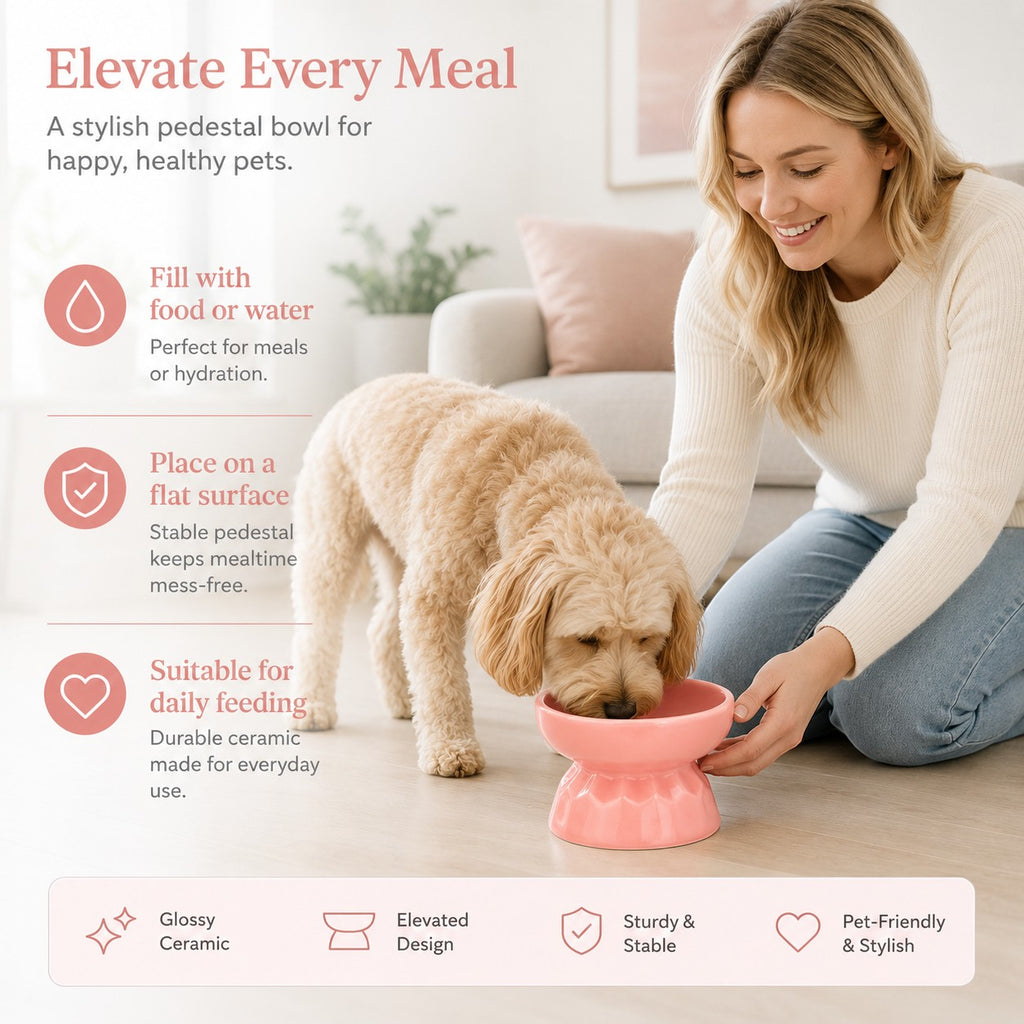 Tap2Own elevated pink ceramic pet food bowl with a fluted base, designed for healthy eating posture.