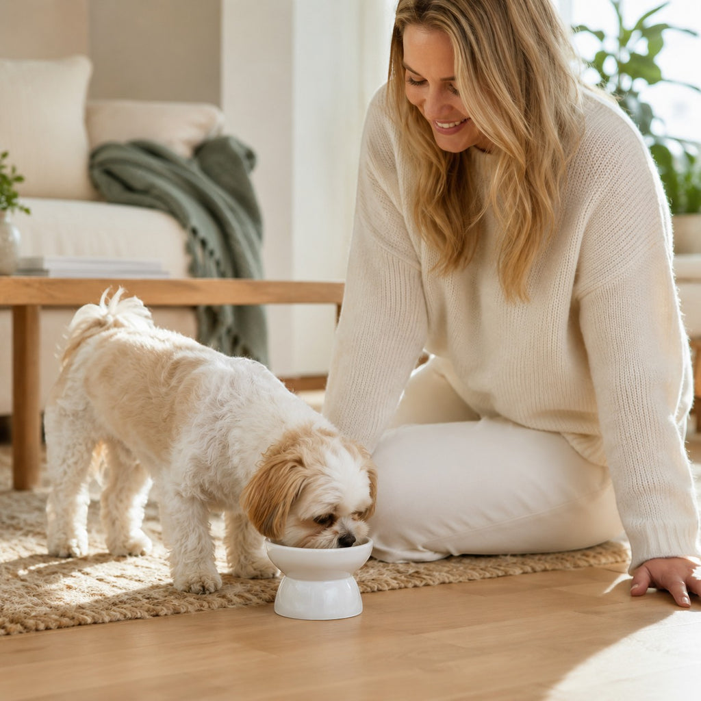 Tap2Own white ceramic elevated pet food bowl with a small dog eating from it.