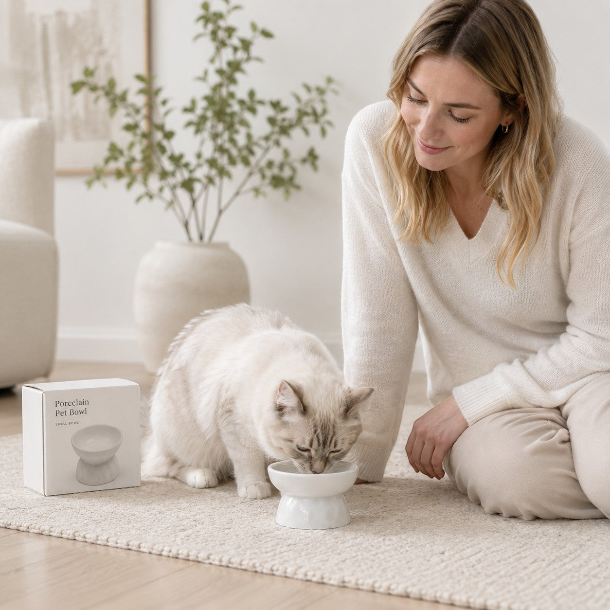 Tap2Own white ceramic elevated pet food bowl for cats and dogs, promoting healthy posture and digestion.